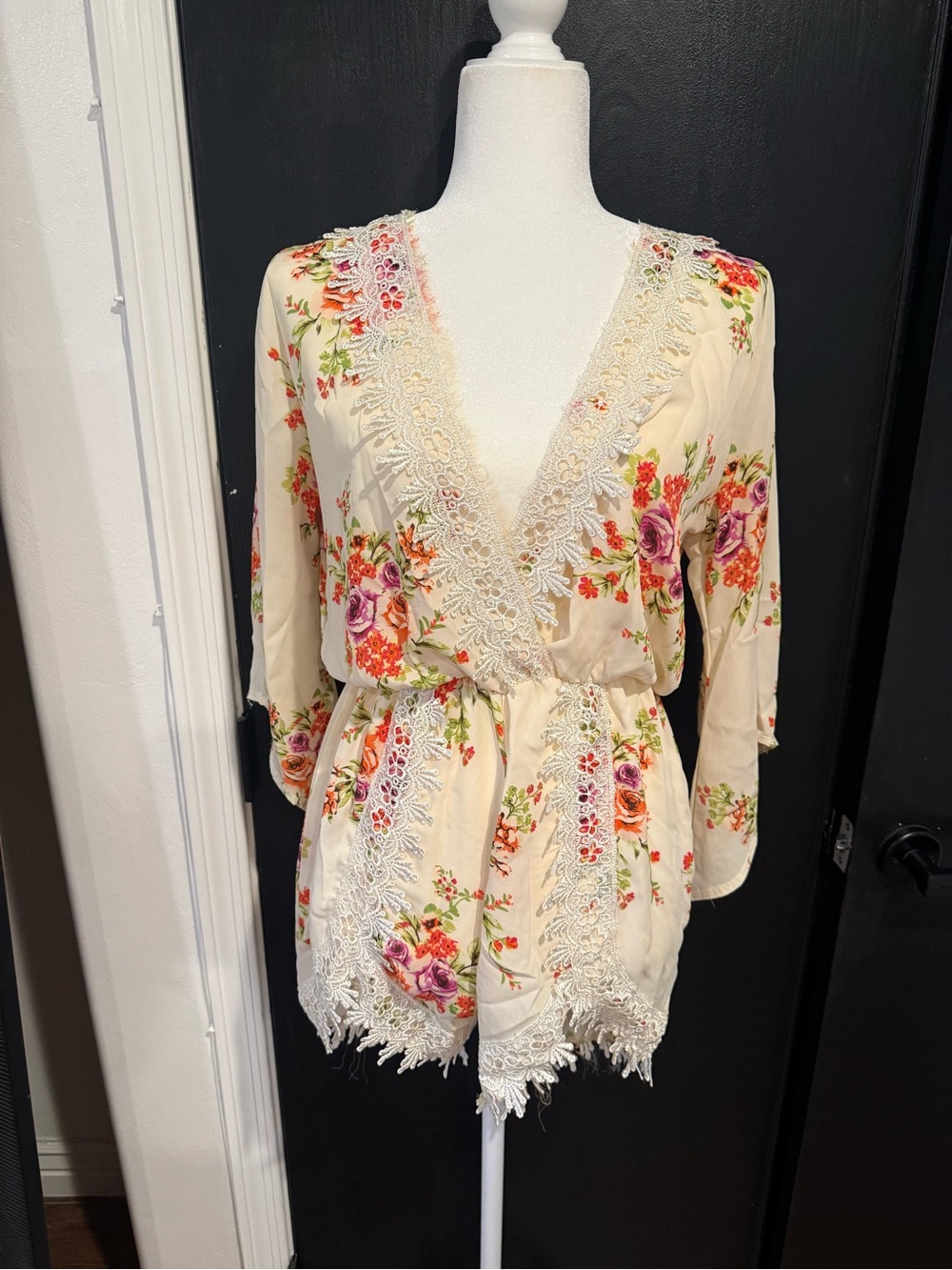 Floral Lace Trim Cream Romper with Pink & Orange Blooms